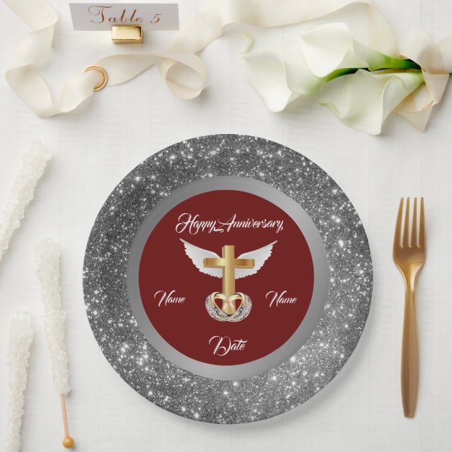 Wedding Rings Customize Silver Cross Anniversary Paper Plates (Wedding)