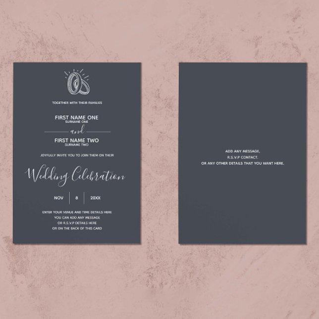Wedding rings dark background elegant invitation (Contemporary wedding invitation, featuring an elegant script and run drawn wedding rings)