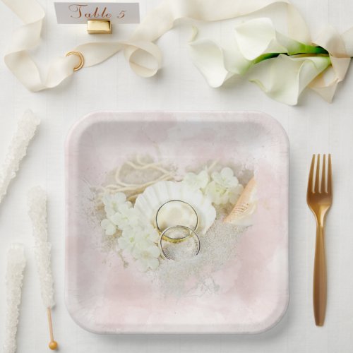 Wedding Rings in Seashell and Sand Heart  Paper Plates