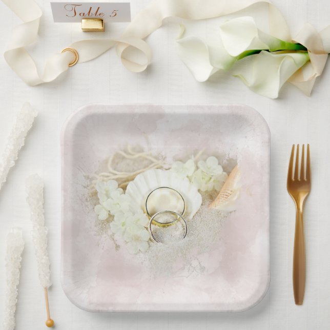 Wedding Rings in Seashell and Sand Heart  Paper Plates (Wedding)