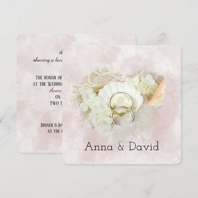 Wedding Rings in Seashell beach Heart Invitation (Front/Back)