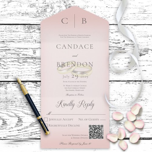 Wedding Rings Modern Blush Pink QR Code All In One Invitation