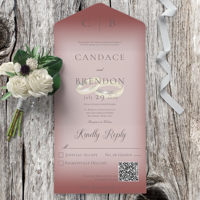 Wedding Rings Modern Burgundy QR Code All In One Invitation (Creator Uploaded)