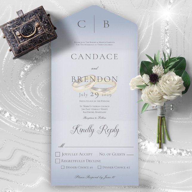Wedding Rings Modern Dusty Blue Dinner All In One Invitation (Creator Uploaded)