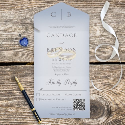 Wedding Rings Modern Dusty Blue QR Code All In One Invitation