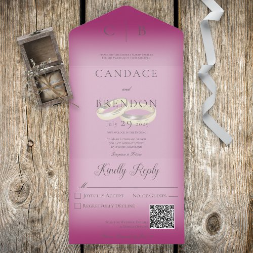 Wedding Rings Modern Fuchsia Pink QR Code All In One Invitation