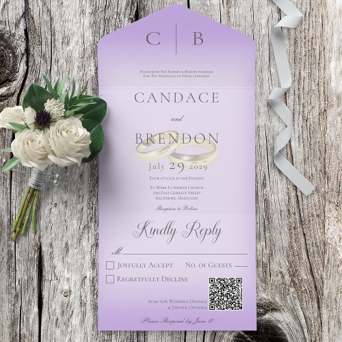 Wedding Rings Modern Lavender QR Code All In One Invitation