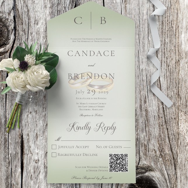 Wedding Rings Modern Sage Green QR Code All In One Invitation (Creator Uploaded)