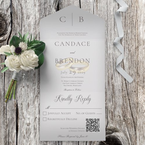 Wedding Rings Modern Silver Gray QR Code All In One Invitation
