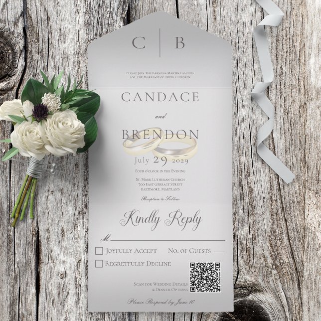 Wedding Rings Modern Silver Gray QR Code All In One Invitation (Creator Uploaded)