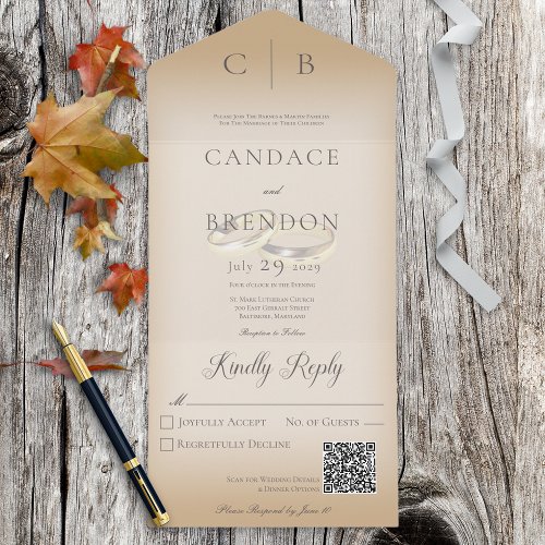 Wedding Rings Modern Tan QR Code All In One Invitation