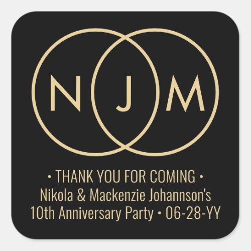 Wedding Rings Monogram Black and Gold Anniversary Square Sticker