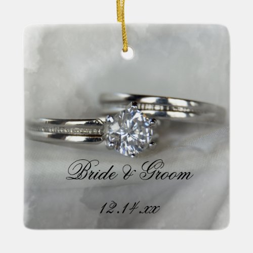 Wedding Rings on Gray Ceramic Ornament