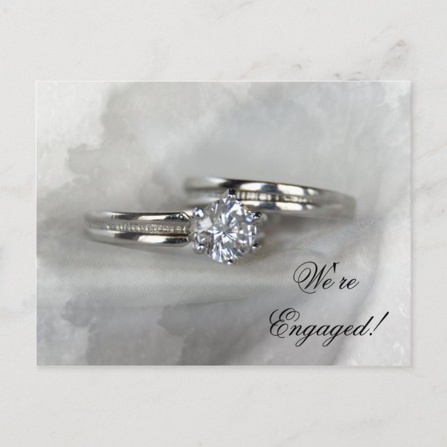 Wedding Rings on Gray Engagement Announcement Postcard (Front)