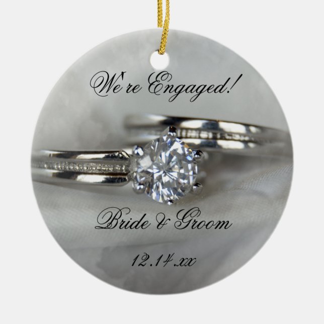 Wedding Rings on Gray Engagement Ceramic Ornament (Front)