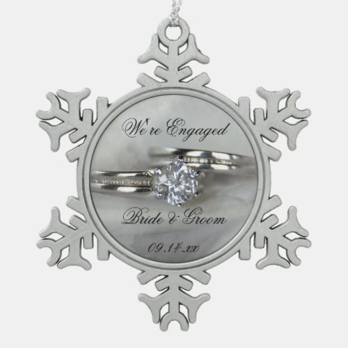 Wedding Rings on Gray Engagement Snowflake Pewter Christmas Ornament