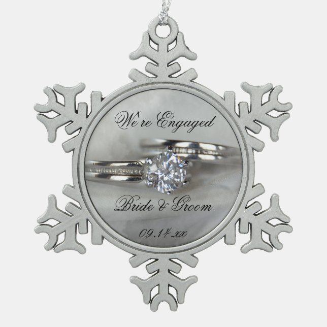 Wedding Rings on Gray Engagement Snowflake Pewter Christmas Ornament (Front)