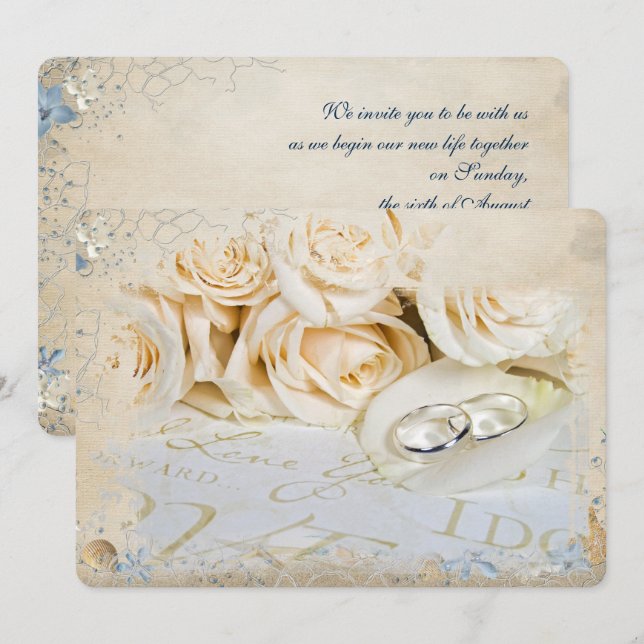 wedding rings on rose petal invitation (Front/Back)