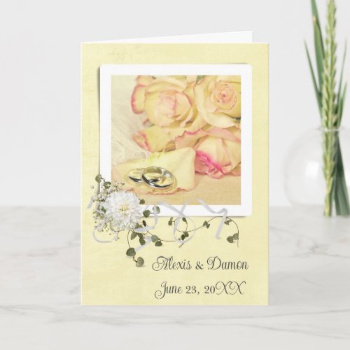 Wedding Rings On Rose Petal With Names Card