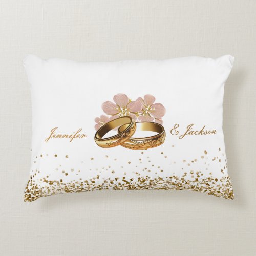Wedding rings pink white faux golden custom name accent pillow
