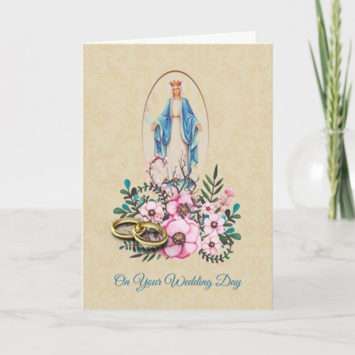 Wedding Rings Virgin Mary with Flowers Card