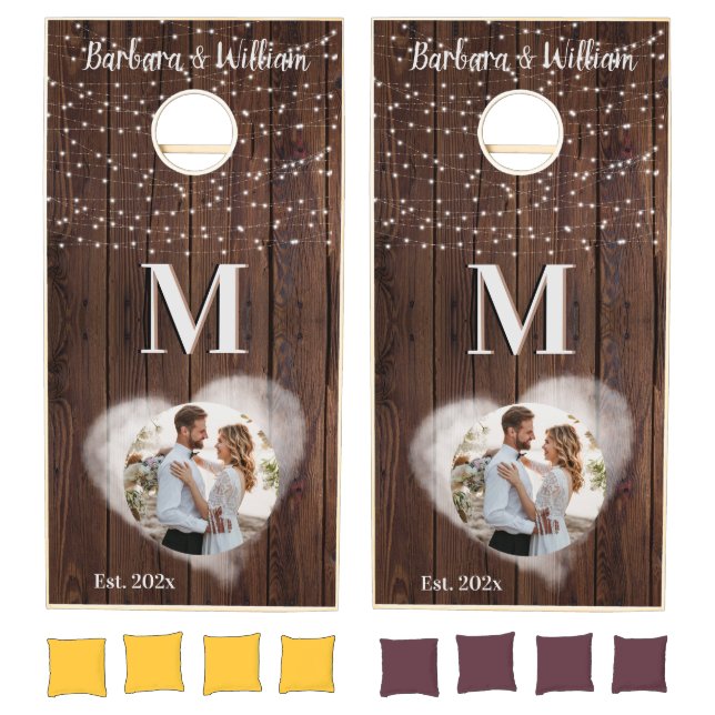 Wedding Romantic Lights Photo Custom Monogram  Cornhole Set (Set)
