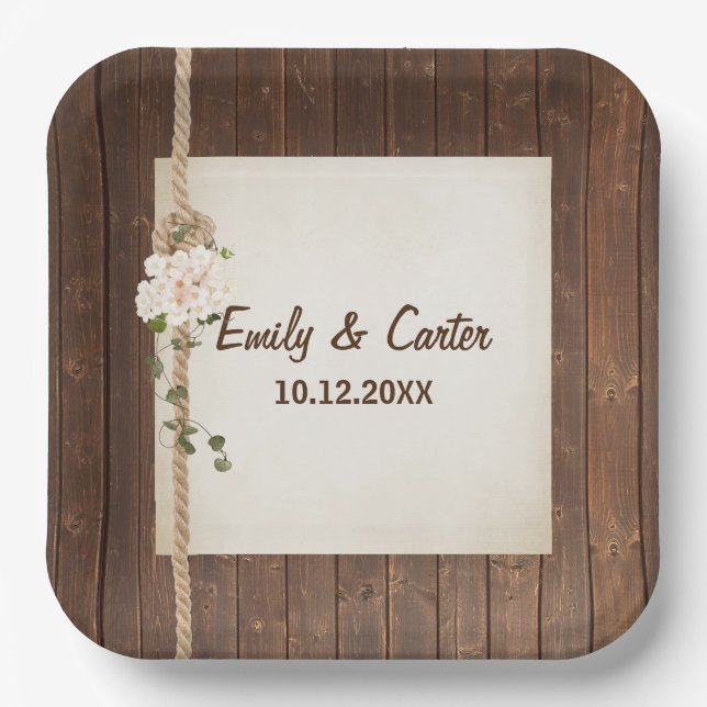 Wedding Rope Knot And Hydreangea On Wood  Paper Plates (Front)