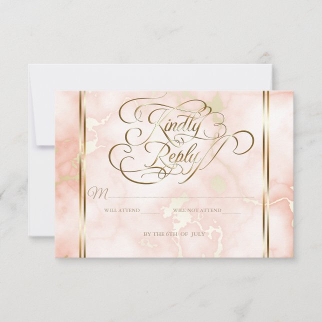 Wedding Rose and Gold Marble Ornate Calligraphy RSVP Card (Front)
