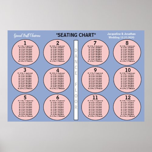 Wedding Rose Blue 12 Table Seating Chart