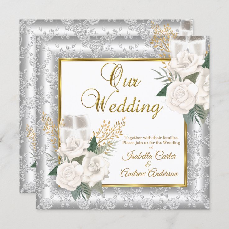 Wedding Rose Champagne Gold Silver Damask Invitation | Zazzle