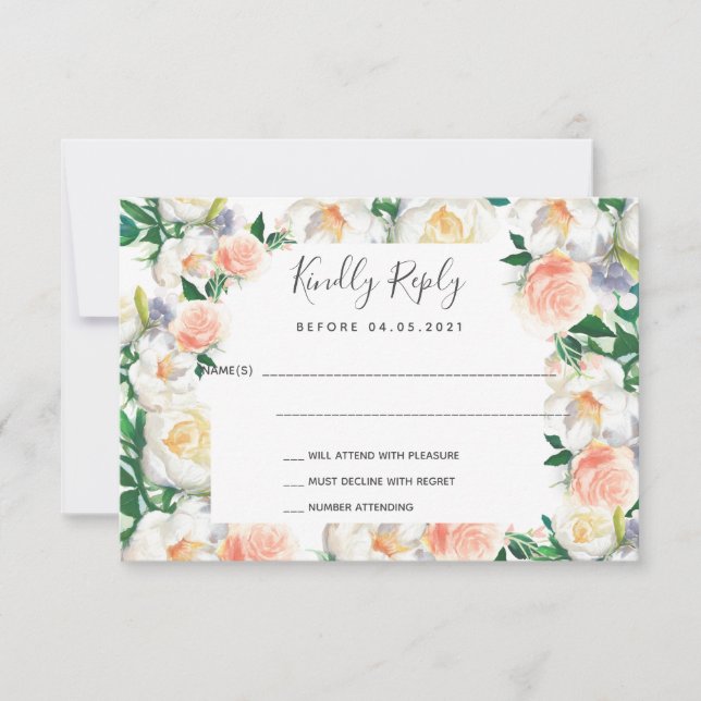 Wedding rose fold blush florals RSVP card (Front)