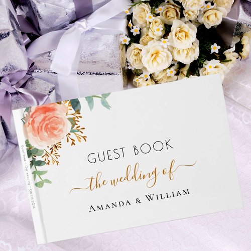 Wedding rose gold blush floral eucalyptus script guest book
