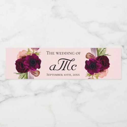 Wedding rose gold burgundy florals monogram water bottle label