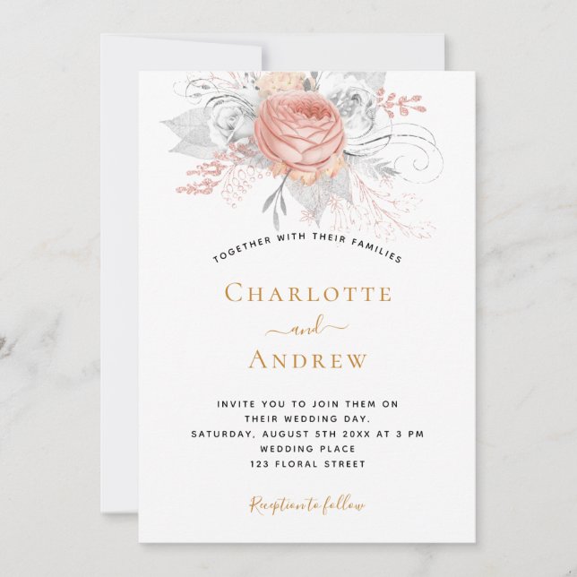 Wedding rose gold floral elegant silver invitation (Front)