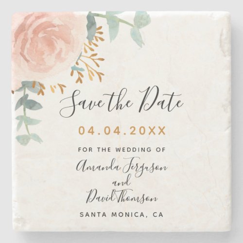 Wedding rose gold floral eucalyptus Save the Date Stone Coaster