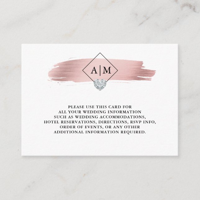 Wedding Rose Gold Foil Heart Monograms DETAILS Enclosure Card (Front)