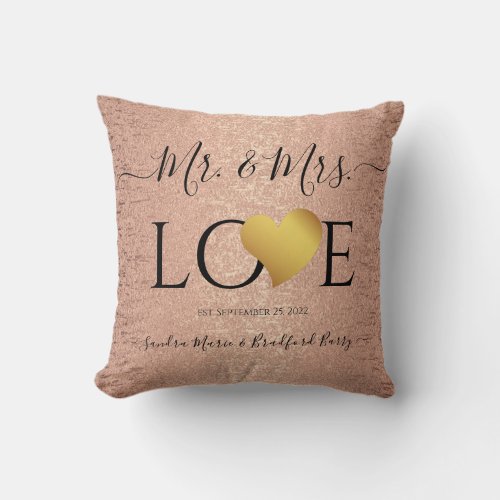 Wedding Rose Gold Heart Script Name Mr and Mrs Throw Pillow