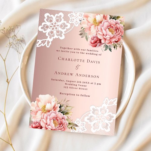 Wedding rose gold pink floral lace luxury invitation