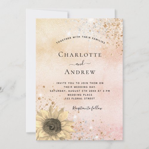 Wedding rose gold rustic sunflower glitter dust invitation