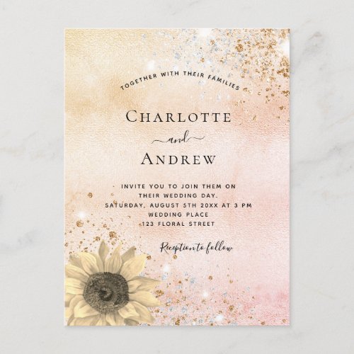 Wedding rose gold rustic sunflower glitter dust invitation postcard