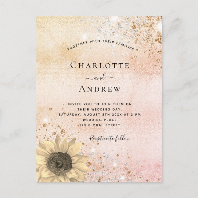 Wedding rose gold rustic sunflower glitter dust invitation postcard (Front)
