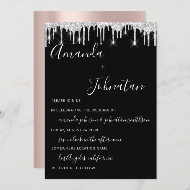 Wedding Rose Monogram Black Silver Drips Invitation (Front/Back)