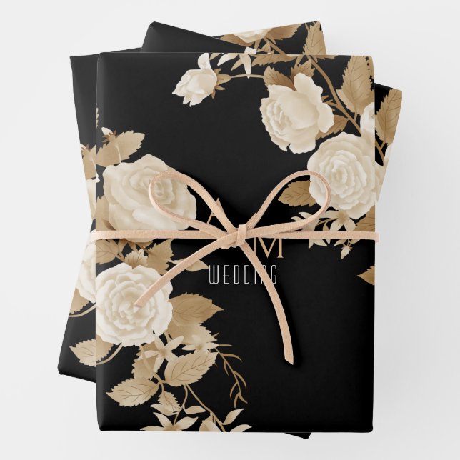 Wedding Rose Monogram Black Wrapping Paper Sheets (In situ)