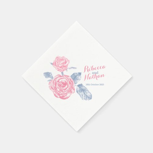 Wedding rose pen drawing pink blue paper napkins