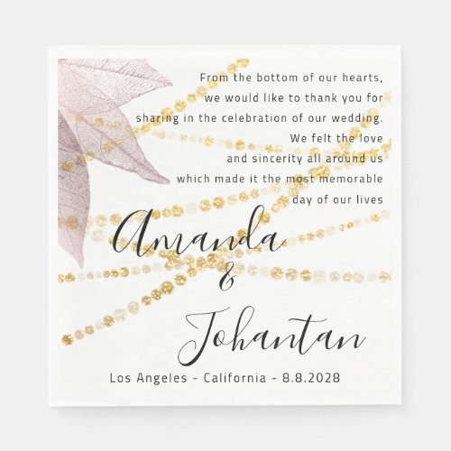 Wedding Rose Thank Floral Gold White Name Date Napkins