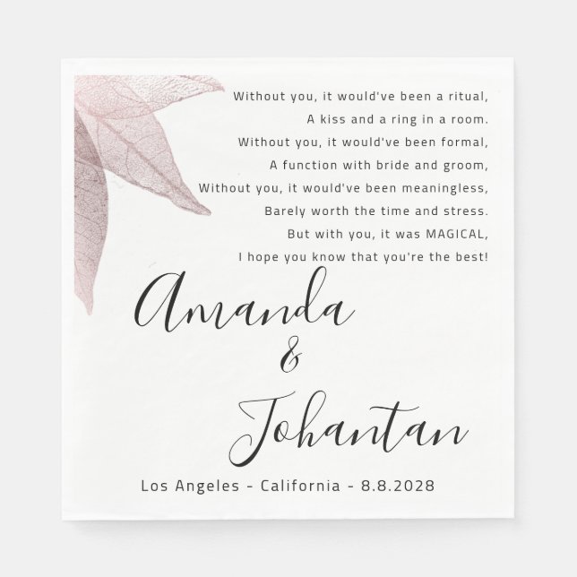 Wedding Rose Thank Poem Floral Black White Napkins (Front)