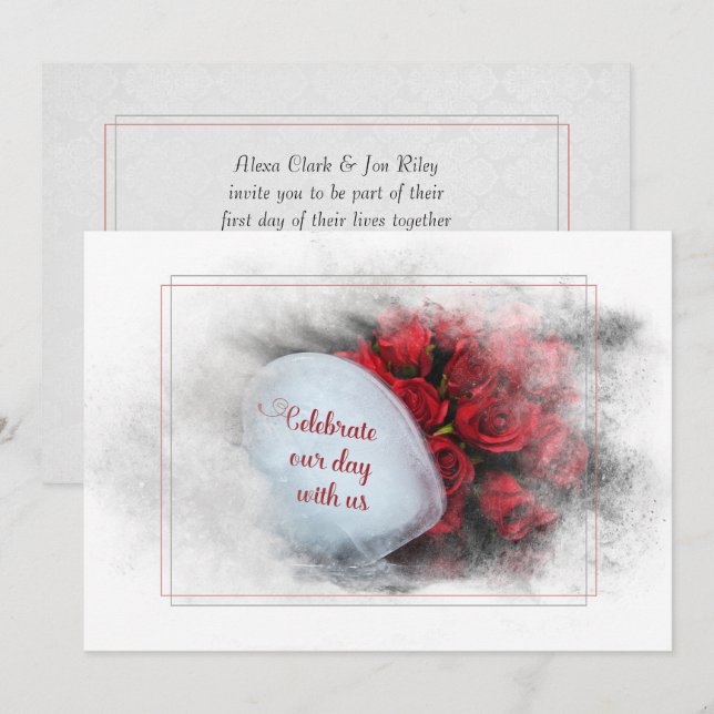 wedding roses and ice heart in textured frame invitation (Front/Back)
