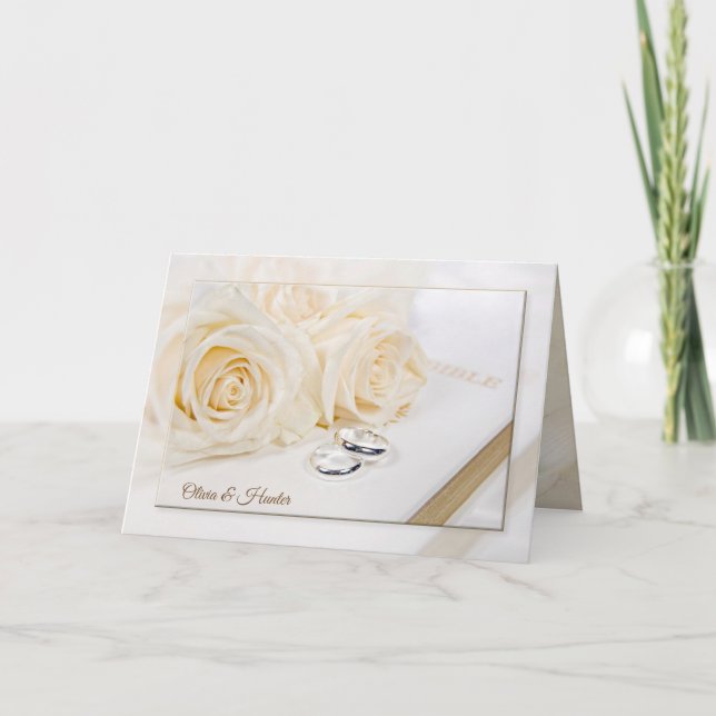 Wedding roses and rings on white Bible Card (Front)