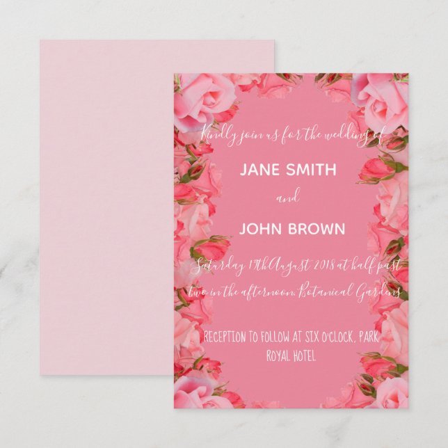 Wedding roses traditional floral and pink theme invitation (Front/Back)