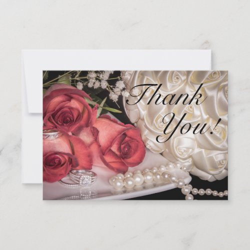 Wedding Roses wRings Pearls Thank You Card